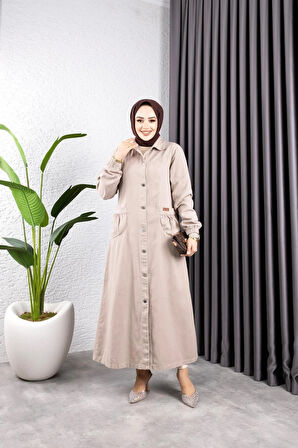 Kadın Düğmeli Torba Cepli Gabardin Kap