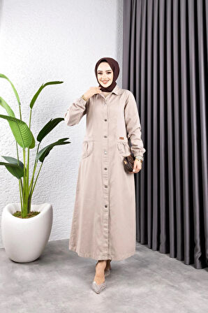 Kadın Düğmeli Torba Cepli Gabardin Kap