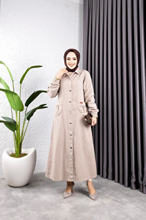 Kadın Düğmeli Torba Cepli Gabardin Kap