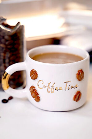 24K Altın Süslemeli Kahve Zamanı - Coffee Time temalı El Yapımı Seramik Mug