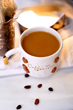 24K Altın Süslemeli Kahve Zamanı - Coffee Time temalı El Yapımı Seramik Mug