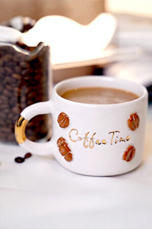24K Altın Süslemeli Kahve Zamanı - Coffee Time temalı El Yapımı Seramik Mug