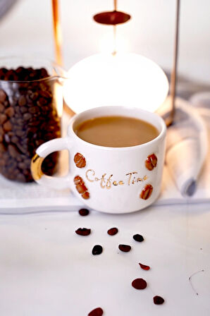 24K Altın Süslemeli Kahve Zamanı - Coffee Time temalı El Yapımı Seramik Mug