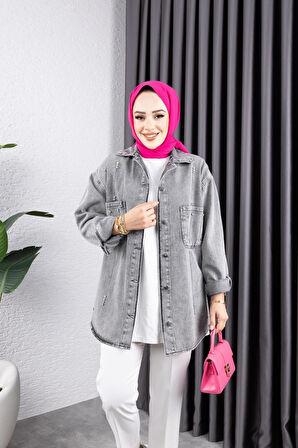 Kadın Taş Detaylı Kar Yıkamalı Denim Kot Ceket