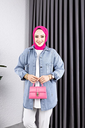 Kadın Taş Detaylı Kar Yıkamalı Denim Kot Ceket