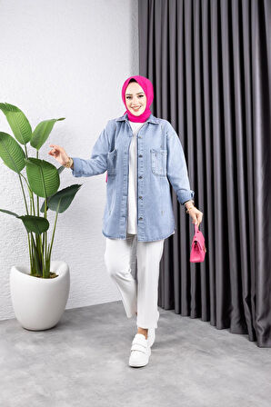 Kadın Taş Detaylı Kar Yıkamalı Denim Kot Ceket