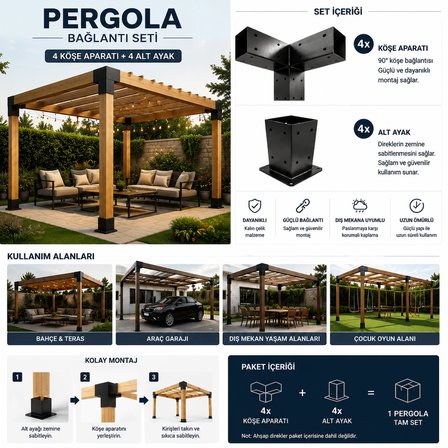 mamzdesign Pergola Seti Çardak Teras Garaj İçin Metal 90X90X2,5 mm pergalo 8parça profil iç ölçüsü 85*85 pergola braketi