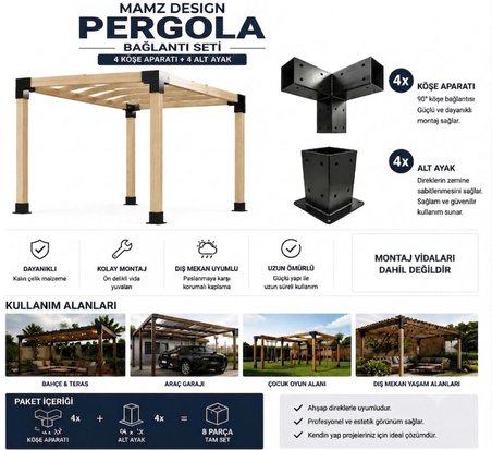 mamzdesign Pergola Seti Çardak Teras Garaj İçin Metal 90X90X2,5 mm pergalo 8parça profil iç ölçüsü 85*85 pergola braketi