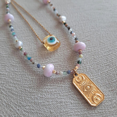  Minimal Akik İle Nazarlı Cam Sanatı Kombin Kolye