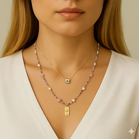  Minimal Akik İle Nazarlı Cam Sanatı Kombin Kolye