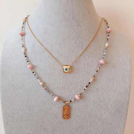  Minimal Akik İle Nazarlı Cam Sanatı Kombin Kolye