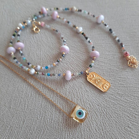  Minimal Akik İle Nazarlı Cam Sanatı Kombin Kolye