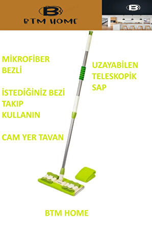 Mikrofiber Mandallı Mop, Teleskopik Saplı Set +1 Yedek Bezli Yeşil Renk