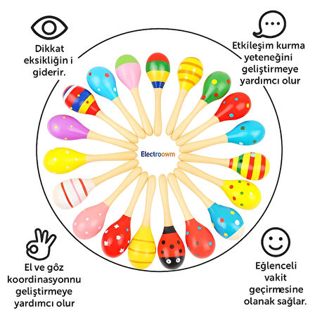 Çocuklar İçin 2'li Ahşap Marakas Çiftli Set – Renkli, Neşeli, Eğlenceli