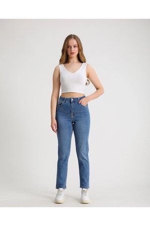 Kadın Yüksek Bel Power Likralı Mom Jean Mavi Mavi / 34