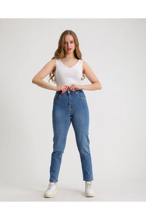 Kadın Yüksek Bel Power Likralı Mom Jean Mavi Mavi / 34