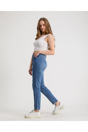 Kadın Yüksek Bel Power Likralı Mom Jean Mavi Mavi / 36