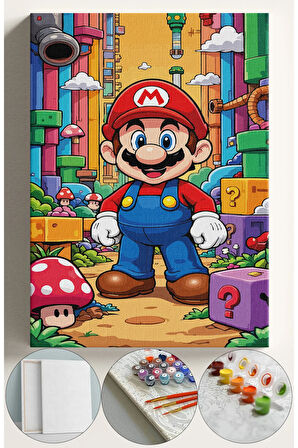 Çocuk Sayılarla Boyama Numaralı Tuval Seti Fırça Boya Dahil 40x50 Cm MARİO