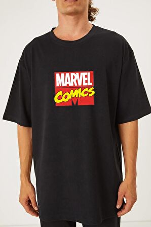 Pamuk Marvel Tasarımlı Unisex Siyah T-shirt