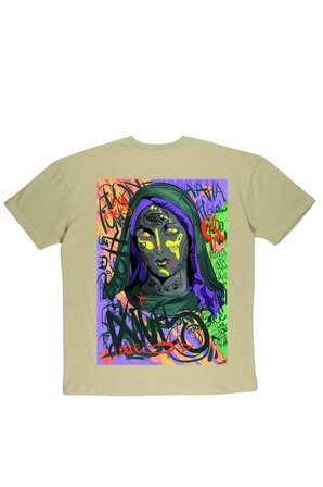 Lenithra Mary Sırt Baskılı Unisex Oversize T-shirt Bej / XL