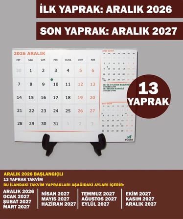 Aralık 2026 - Aralık 2027 Yılı Masa Takvimi 13 Yaprak Hicri Dini Günler Resmi Tatiller