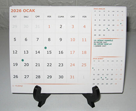 Ocak 2026 - Aralık 2026 Yılı Masa Takvimi 12 Yaprak Hicri Dini Günler Resmi Tatiller