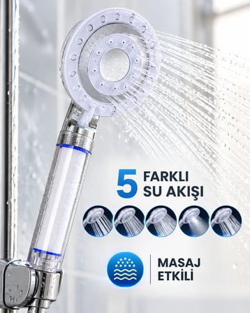 Etkili Filtreli Duş Başlığı 5 Fonksiyonlu Yağmur Sis Geniş Karışık Su Akışı