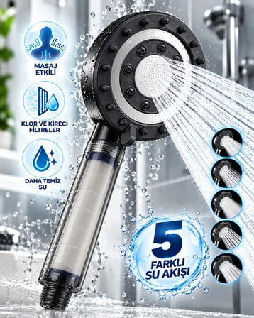 Etkili Filtreli Duş Başlığı 5 Fonksiyonlu Yağmur Sis Geniş Karışık Su Akışı