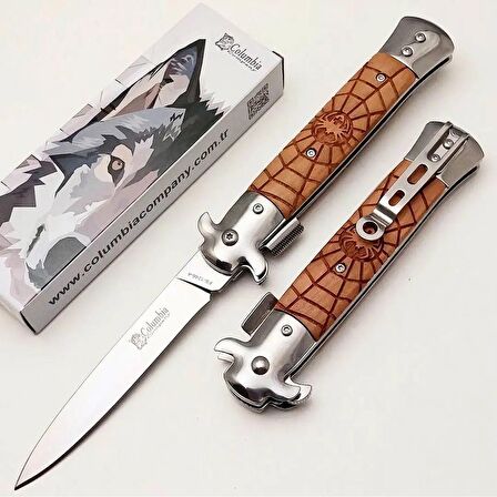 22 cm orjinal columbia ahşap kabzeli manuel çelik bıçak yanında zippo kibrit ile birlikte