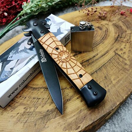 22 cm orjinal columbia manuel ahşap kabzeli bıçak yanında zippo kibrit ile birlikte