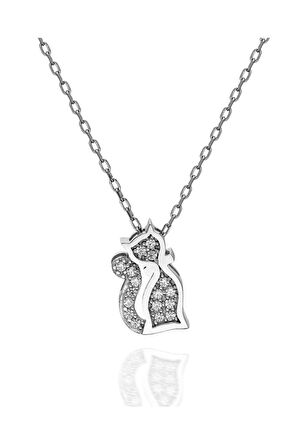 Sertifikalı Swarovski Taşlı Kedi 925 Gümüş Kolye
