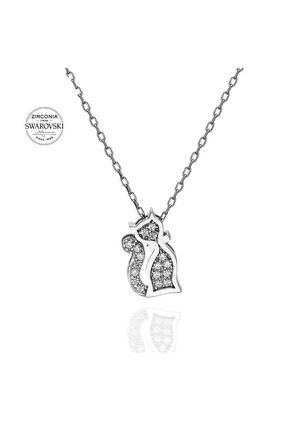 Sertifikalı Swarovski Taşlı Kedi 925 Gümüş Kolye