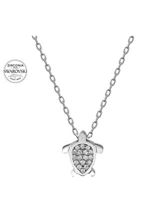 Sertifikalı Swarovski Taşlı Minik Kaplumbağa 925 Gümüş Kolye