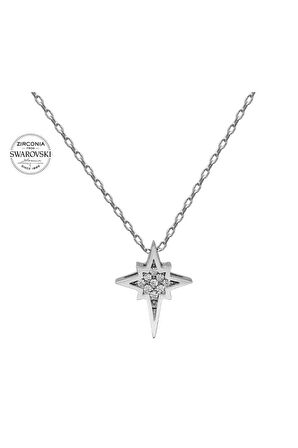 Sertifikalı Swarovski Taşlı Kutup Yıldızı 925 Gümüş Kolye