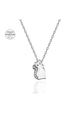Sertifikalı Swarovski Taşlı Minik Kedi 925 Gümüş Kolye