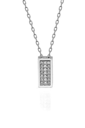 Sertifikalı Swarovski Taşlı Dikdörtgen 925 Gümüş Kolye