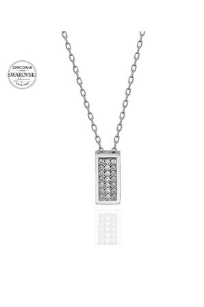 Sertifikalı Swarovski Taşlı Dikdörtgen 925 Gümüş Kolye