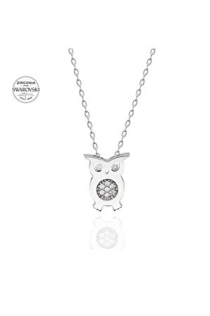 Sertifikalı Swarovski Taşlı Baykuş 925 Gümüş Kolye