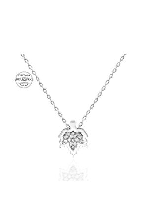Sertifikalı Swarovski Taşlı Çınar Yaprağı 925 Gümüş Kolye