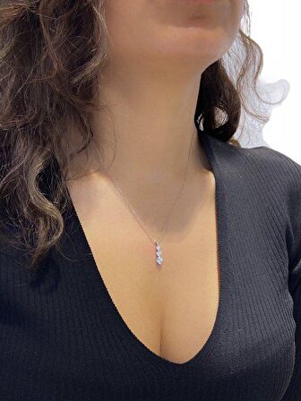 Sertifikalı Swarovski Taşlı Tria Üç Taş 925 Gümüş Kolye