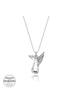 Sertifikalı Swarovski Taşlı Turna Kuşu 925 Gümüş Kolye