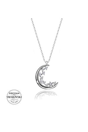 Sertifikalı Swarovski Taşlı Ay ve Yıldız 925 Gümüş Kolye