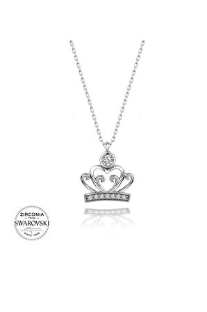 Sertifikalı Swarovski Taşlı Kraliçe Tacı 925 Gümüş Kolye
