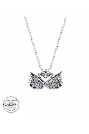 Swarovski Taşlı Sertifikalı Aşk Çift Kuğu 925 Gümüş Kolye
