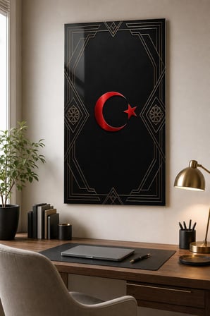 Türk Bayrağı Desenli Baskılı Cam Tablo – Siyah Gold Modern Duvar Dekoru