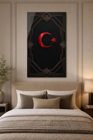 Türk Bayrağı Desenli Baskılı Cam Tablo – Siyah Gold Modern Duvar Dekoru