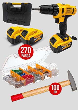 Moonshop 36 Watt Çekiçli Çantalı Vida Setli 276 Parça Çift Bataryalı Darbesiz Matkap...