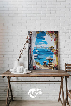 Mavi Pencere Sayılarla Boyama Seti, Hobi Seti, 40X50 Tablo, Fırça Boya, Numaralı Tuval