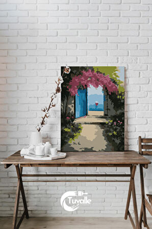Mavi Kapıdan Deniz Sayılarla Boyama Seti, Hobi Seti, 40X50 Tablo, Fırça Boya, Numaralı Tuval