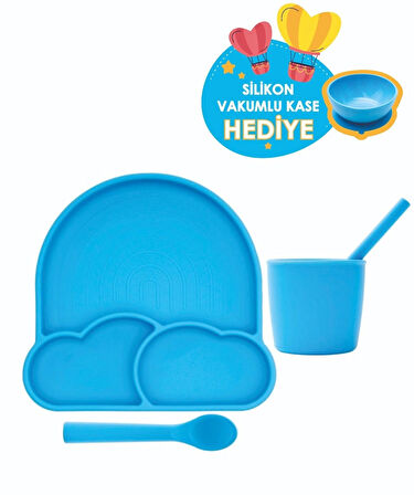 BABYCHEFS %100 PREMIUM SİLİKON 4'LÜ MAMA SETİ VAKUM SİSTEMLİ MAVİ (SİLİKON VAKUMLU KASE HEDİYE)